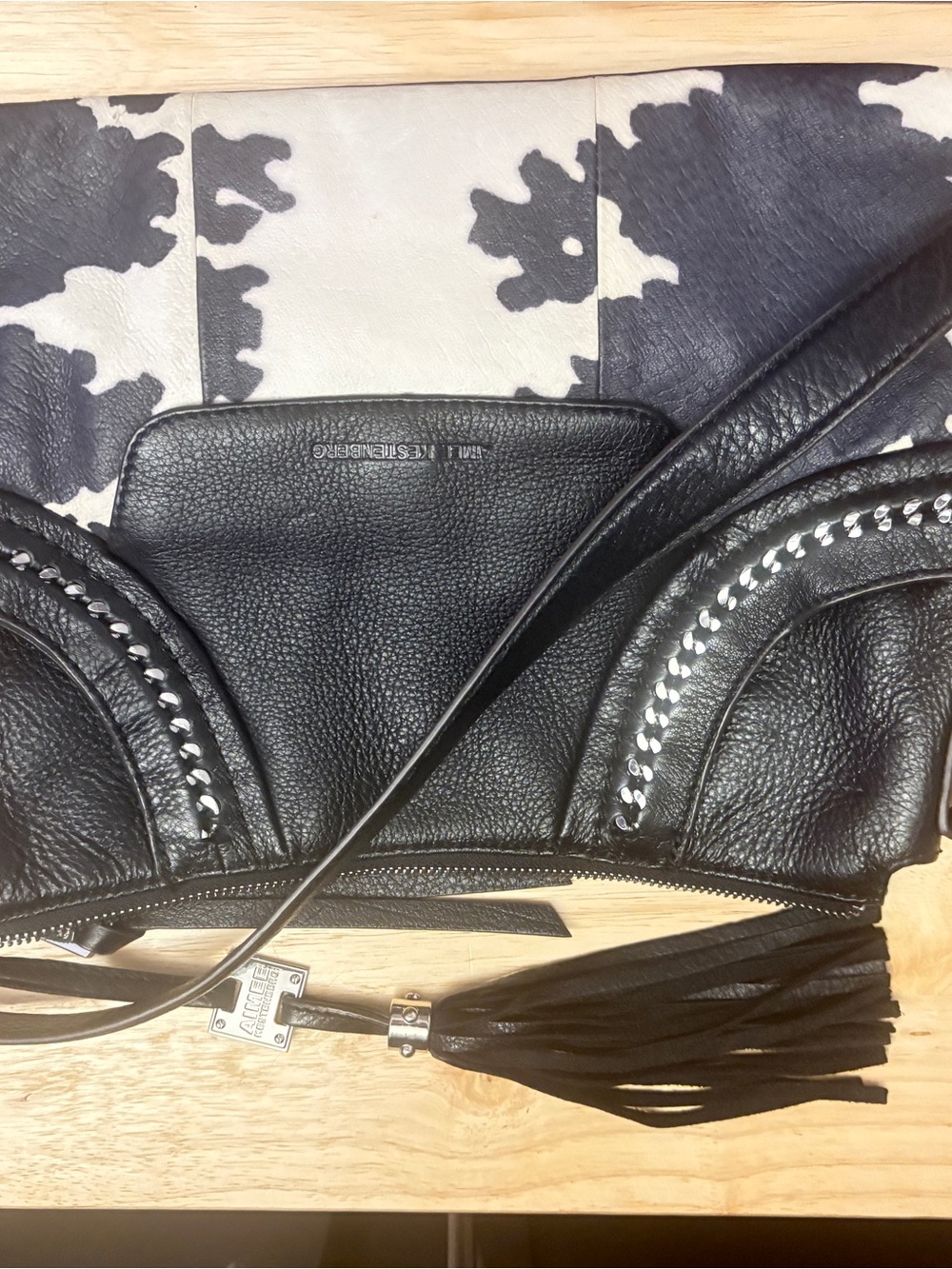Rebecca Minkoff Black Leather Crossbody with Studded Arches and Tassel
